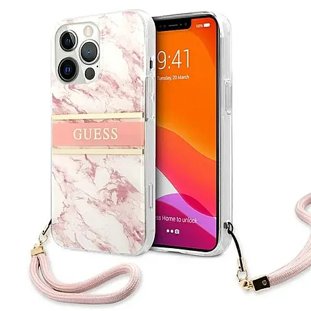 Θήκη για iPhone 13 Pro Guess “Marble Collection” Printed Stripe με Κορδόνι (ροζ - GUHCP13LKMABPI)