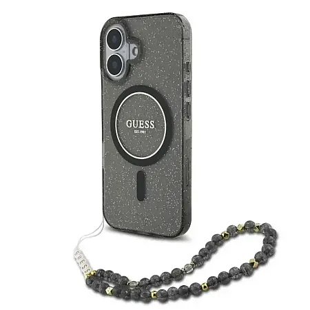 Θήκη για iPhone 16 Guess Magsafe “Glitter with Pearl Strap” Hard Case (Μαύρο – GUHMP16SHGCRELSK)
