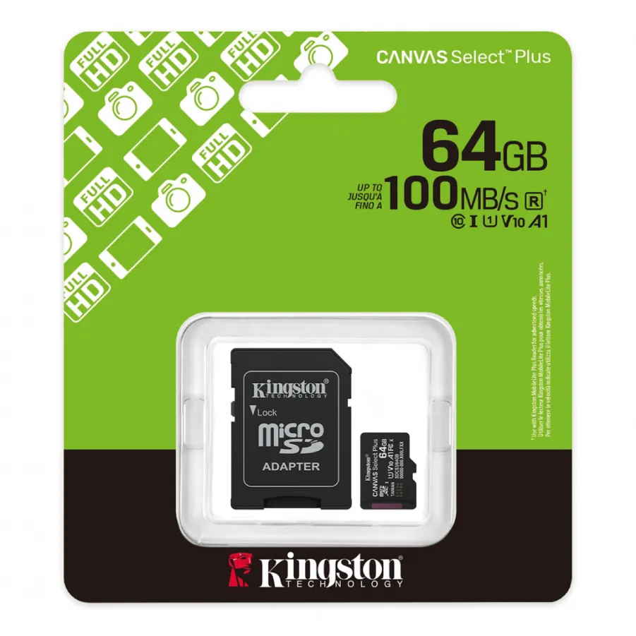 Κάρτα Μνήμης Kingston SDCS3/64GB Canvas Select Plus Gen3 microSD 64GB UHS-I 100MB/s (Με Αντάπτορα)